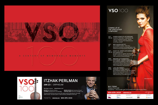 bay6 creative design examples for the Vancouver Symphony Orchestra (book cover and two ads)