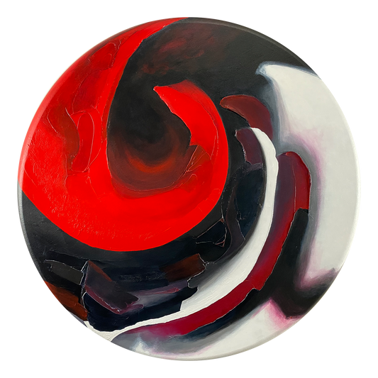 Full view of the abstract acrylic and mixed-media painting: texture paste, red, black, grey, and white acrylic paint on round canvas with curved-edges