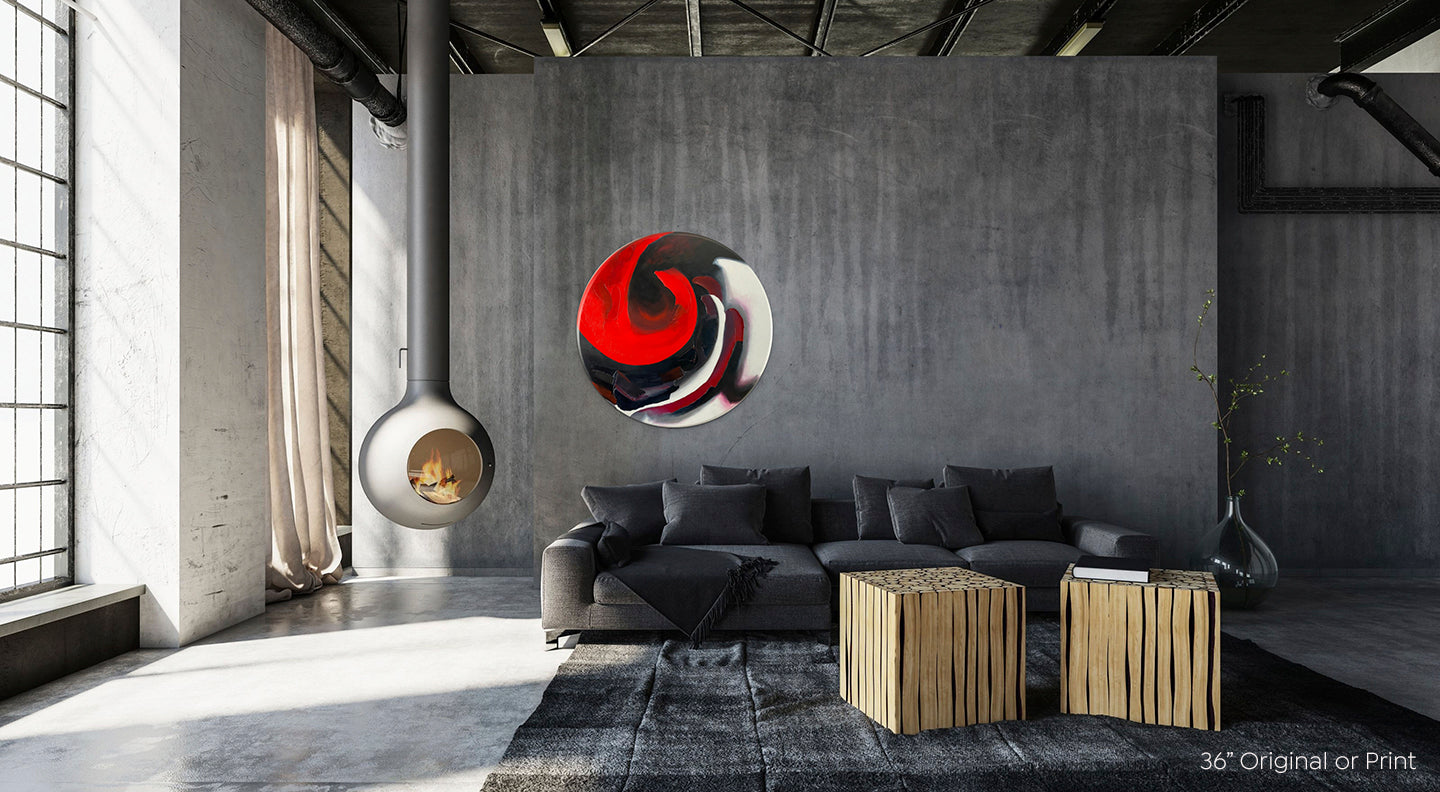 Abstract, acrylic and mixed-media 36” original or print on a round canvas with curved-edges shown on a medium grey, textured wall in a contemporary living room.