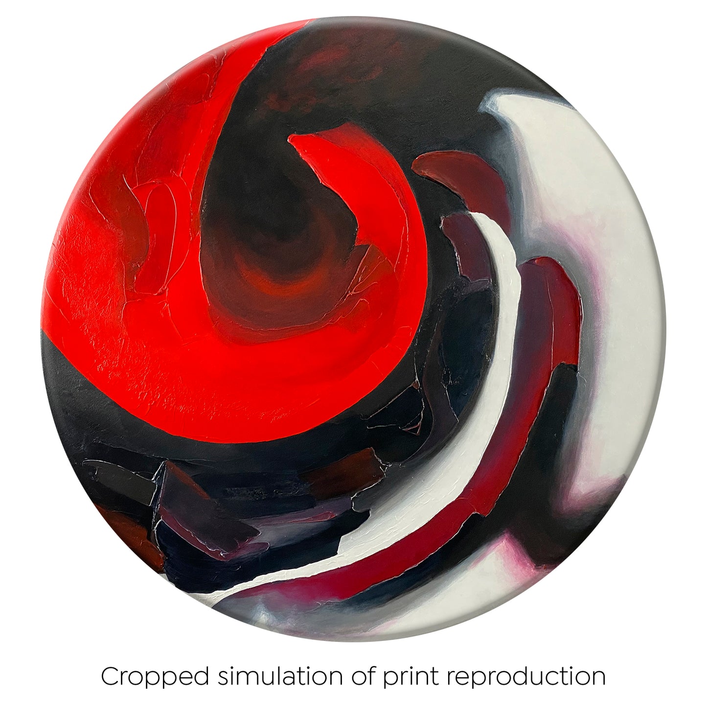 Full view of the abstract print (slightly cropped in from original): flat print simulating texture paste, red, black, grey, and white acrylic paint on round painting with curved-edges