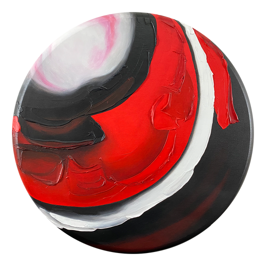 Full view of the abstract acrylic and mixed-media painting: texture paste, red, black, grey, and white acrylic paint on round canvas with curved-edges.