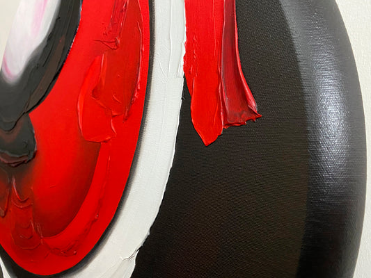 Abstract, acrylic and mixed-media painting close-up of the texture paste, red, black, grey, and white acrylic paint on round canvas focusing on the beautiful curved-edges 4