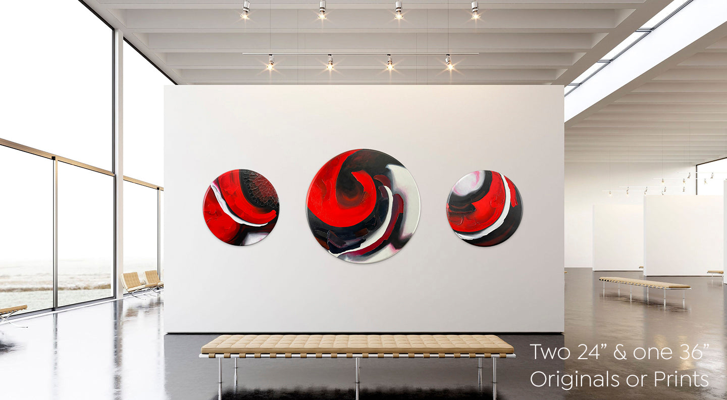 Showing the 3 red companion paintings in this abstract, acrylic and mixed-media series on a on a white wall in a contemporary art gallery