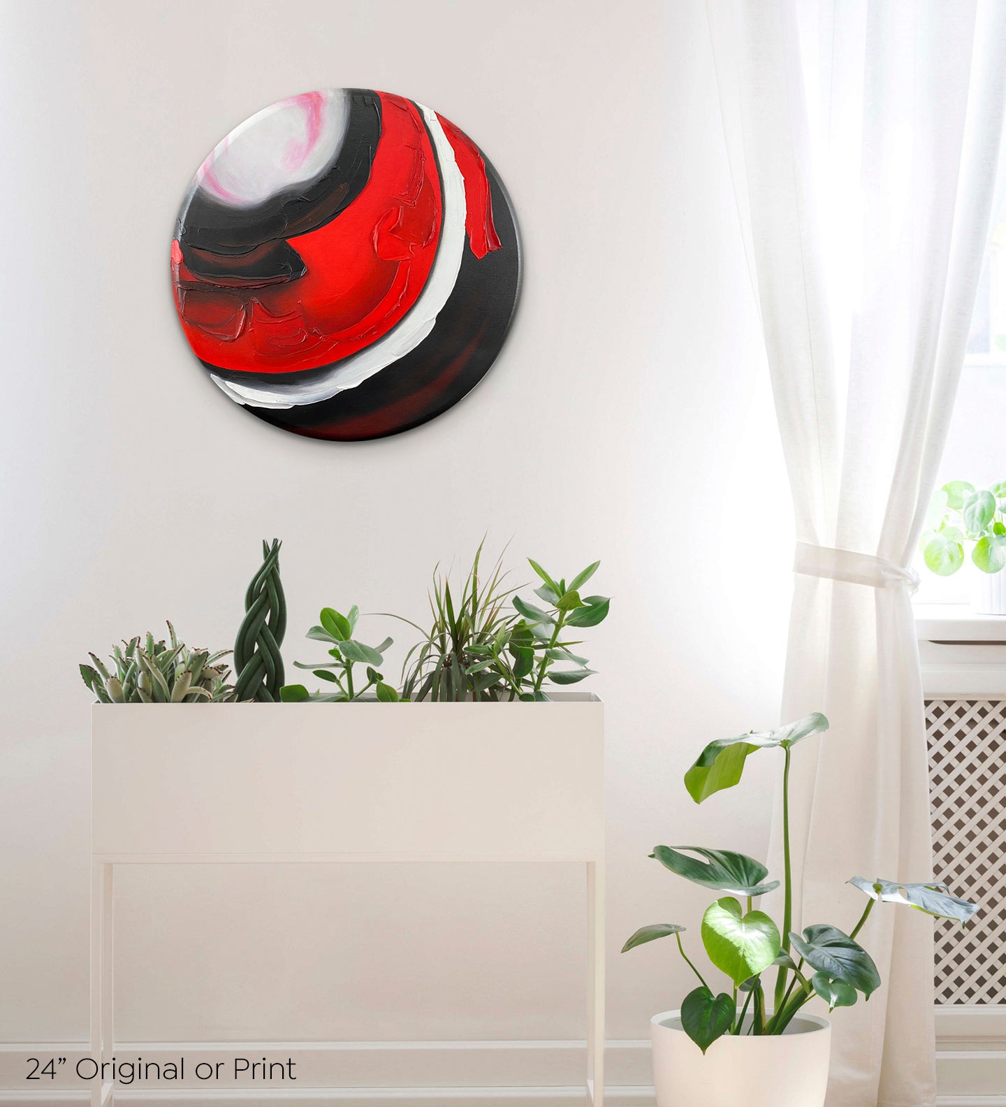 Abstract, acrylic and mixed-media 24” original or print on a round canvas with curved-edges shown on a white wall in a contemporary living room