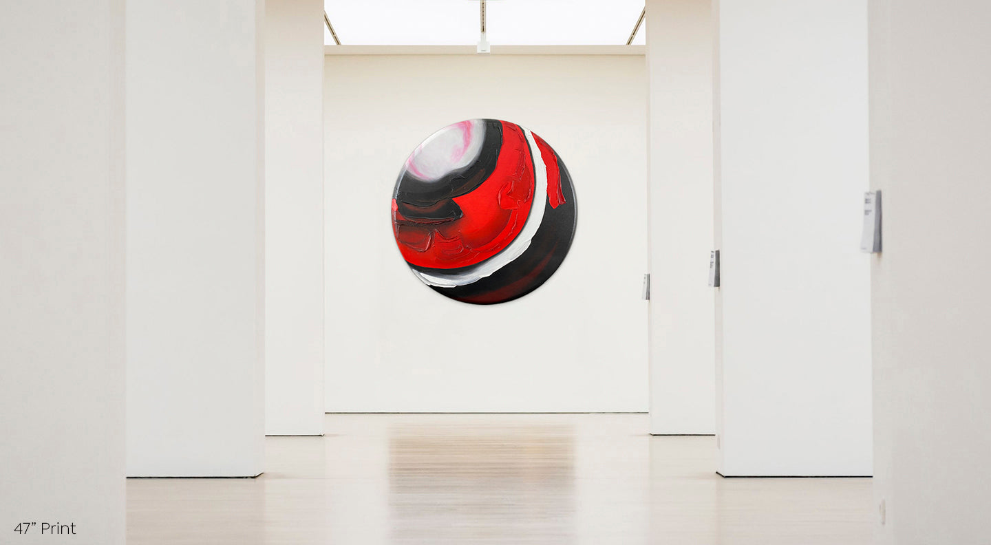 Abstract, acrylic and mixed-media 47” print on a round canvas with curved-edges shown on a white wall in a gallery