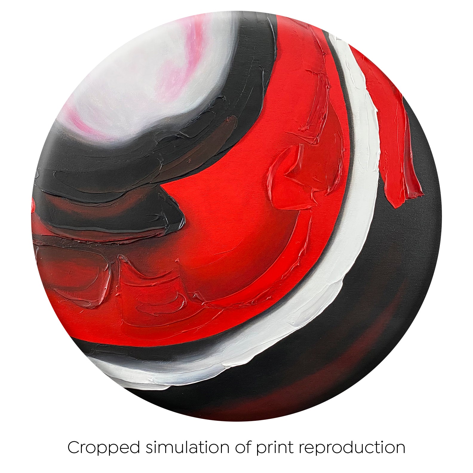 Full view of the abstract print (slightly cropped in from original): flat print simulating texture paste, red, black, grey, and white acrylic paint on round painting with curved-edges