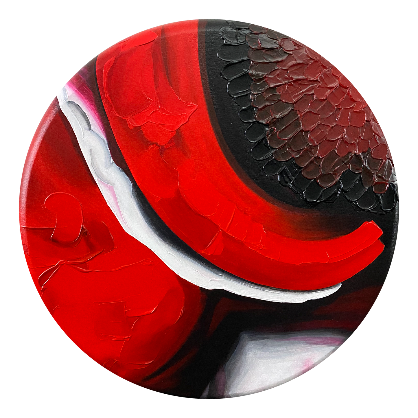 Full view of the abstract acrylic and mixed-media painting: texture paste, red, black, grey, and white acrylic paint on round canvas with curved-edges