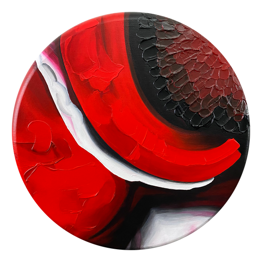 Full view of the abstract acrylic and mixed-media painting: texture paste, red, black, grey, and white acrylic paint on round canvas with curved-edges
