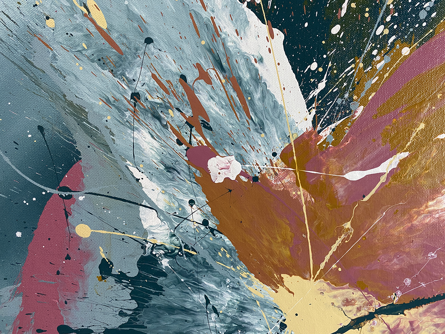 Abstract, expressionism, acrylic painting close-up 1. Splashes and layers of dusty rose, muted teal, dark teal, creamy yellow and white