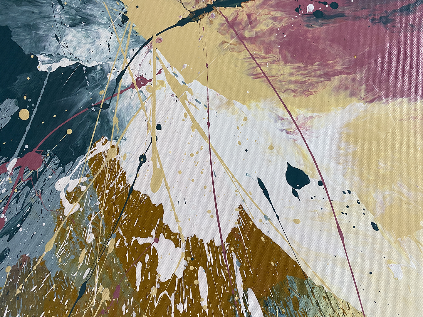 Abstract, expressionism, acrylic painting close-up 2. Splashes and layers of dusty rose, muted teal, dark teal, creamy yellow and white