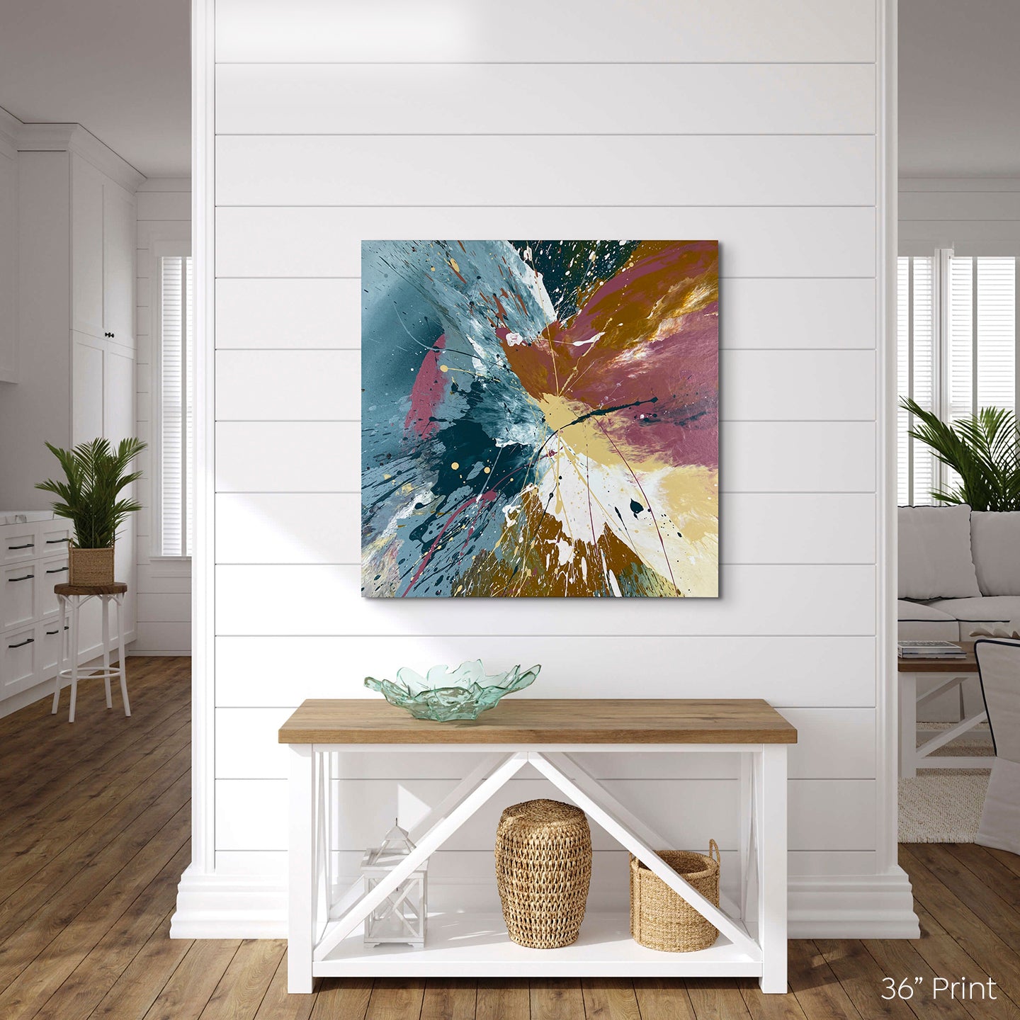 Abstract, expressionism, acrylic 36” print on a white shiplap wall in a country-chic room