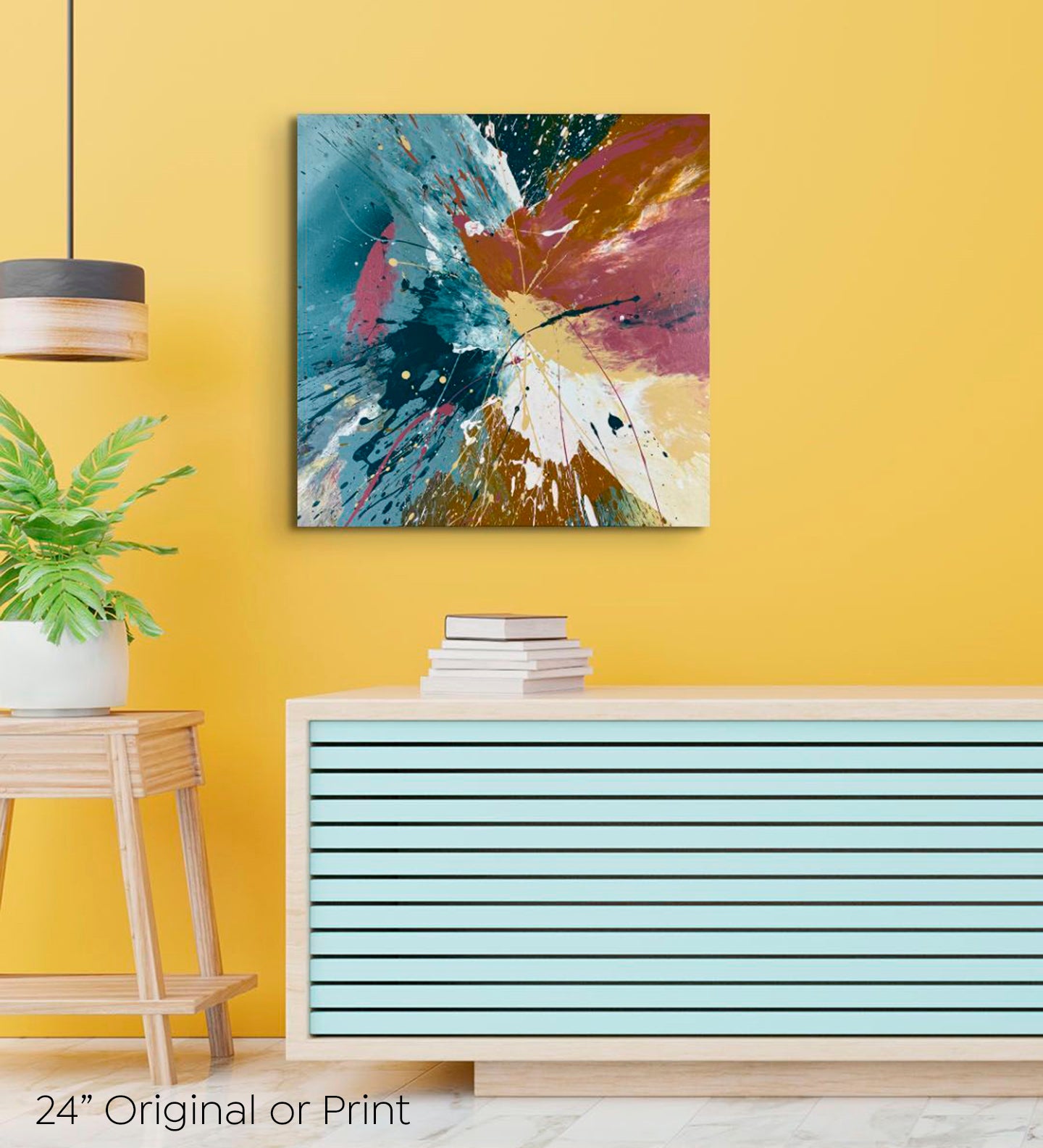 Abstract, expressionism, acrylic 24” painting or print on a bright yellow wall with a light turquoise sideboard in a retro-modern room