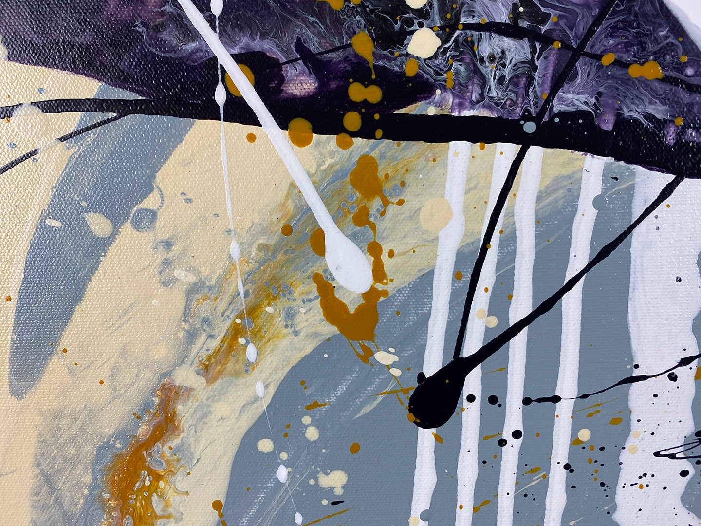 Abstract acrylic painting close-up 1: gold, yellows, phthalo-blue, purple-grey and white on 36 inch round canvas with curved-edges.