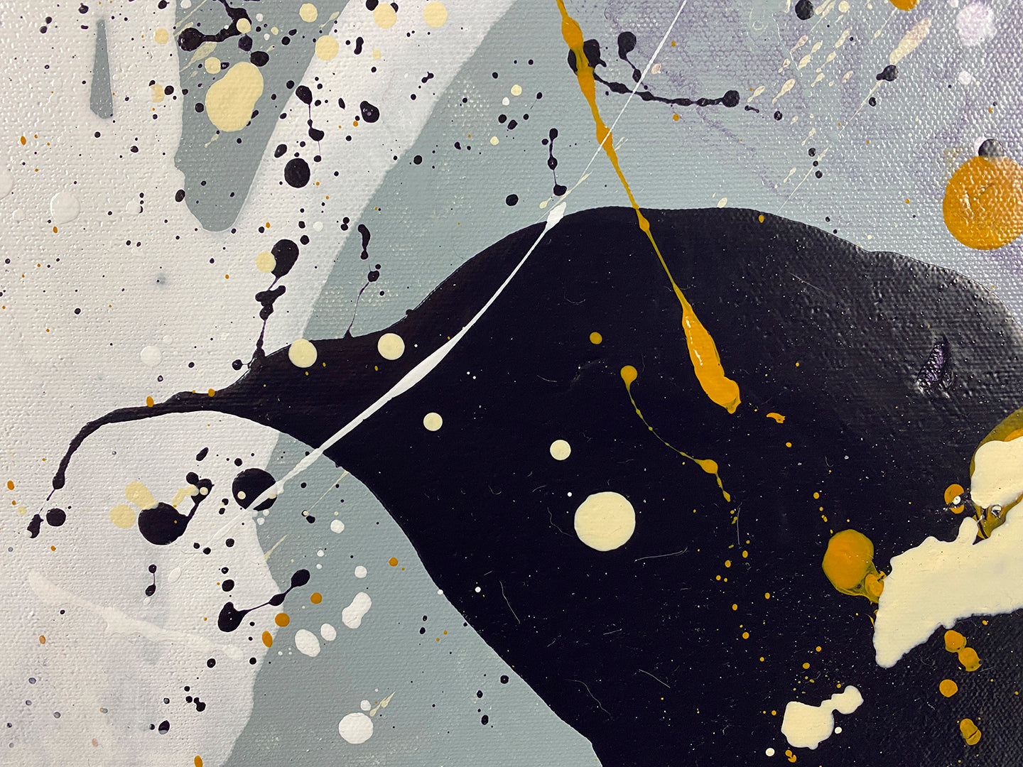 Abstract acrylic painting close-up 2: gold, yellows, phthalo-blue, purple-grey and white on 36 inch round canvas with curved-edges.