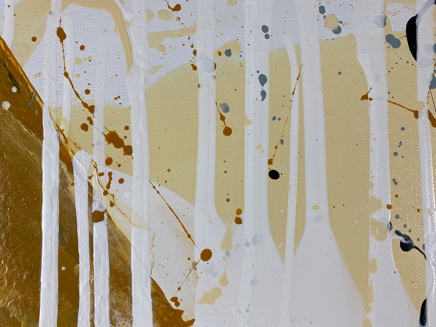 Abstract acrylic painting close-up 3: gold, yellows, phthalo-blue, purple-grey and white on 36 inch round canvas with curved-edges.