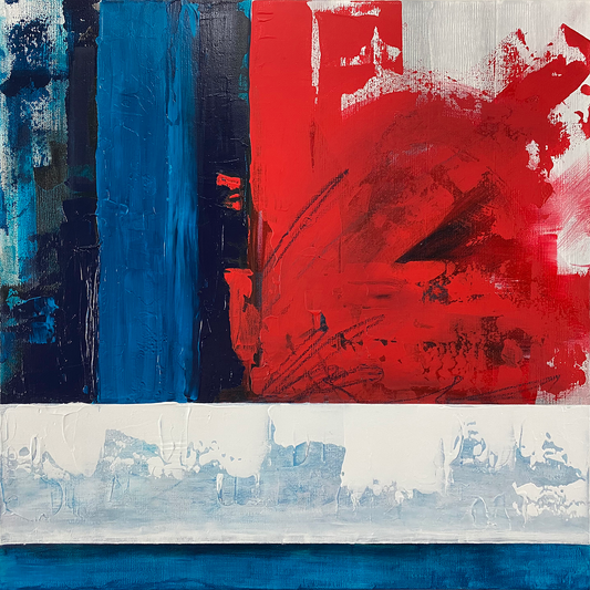 Full view of the abstract expressionism, acrylic painting: layers of bright red, turquoise, blue and dark phthalo blue and white on a square gallery-wrapped canvas.