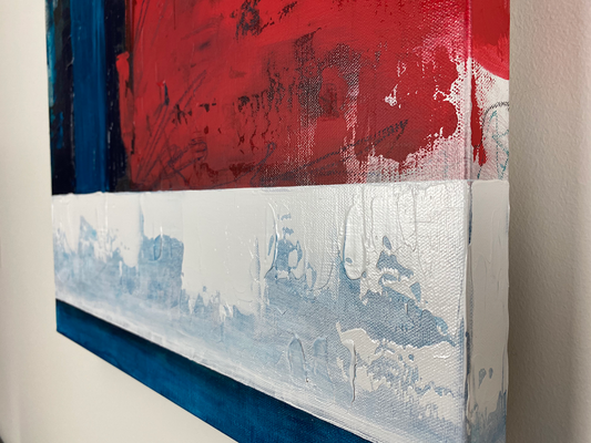 Abstract, expressionism, acrylic original painting: showing a dramatic angle of the edge and corner (1) to show how the painting continues on the sides of the 1.5” thick canvas