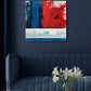 Abstract expressionism, acrylic painting on a square gallery-wrapped canvas shown on a dark grey-blue wall with a dark grey-blue couch