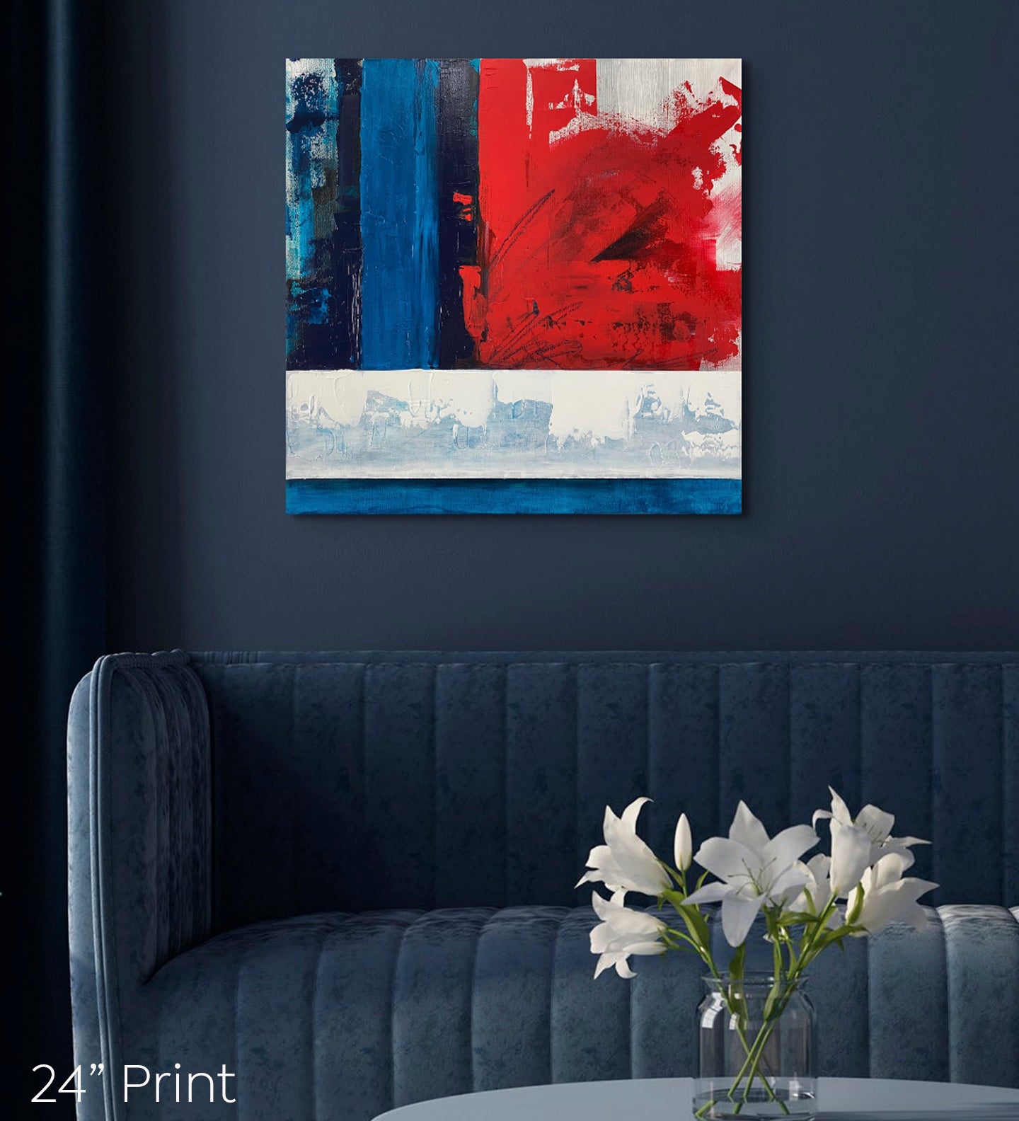Abstract expressionism, acrylic painting on a square gallery-wrapped canvas shown on a dark grey-blue wall with a dark grey-blue couch