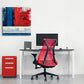 Abstract expressionism, acrylic print on a square gallery-wrapped canvas shown on a pale wall above a white desk with red filing cabinet and red chair