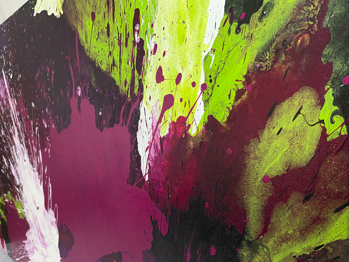 Abstract Expressionism close-up view 1: purple, magenta, lime-green and white on gallery-wrapped canvas