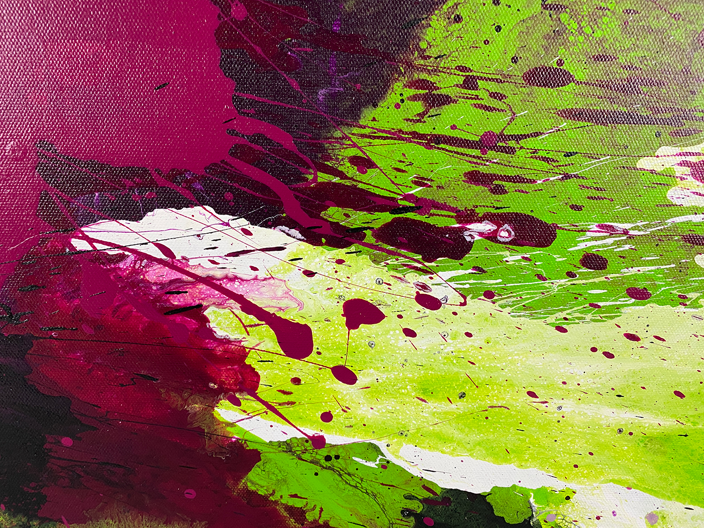 Abstract Expressionism close-up view 2: purple, magenta, lime-green and white on gallery-wrapped canvas