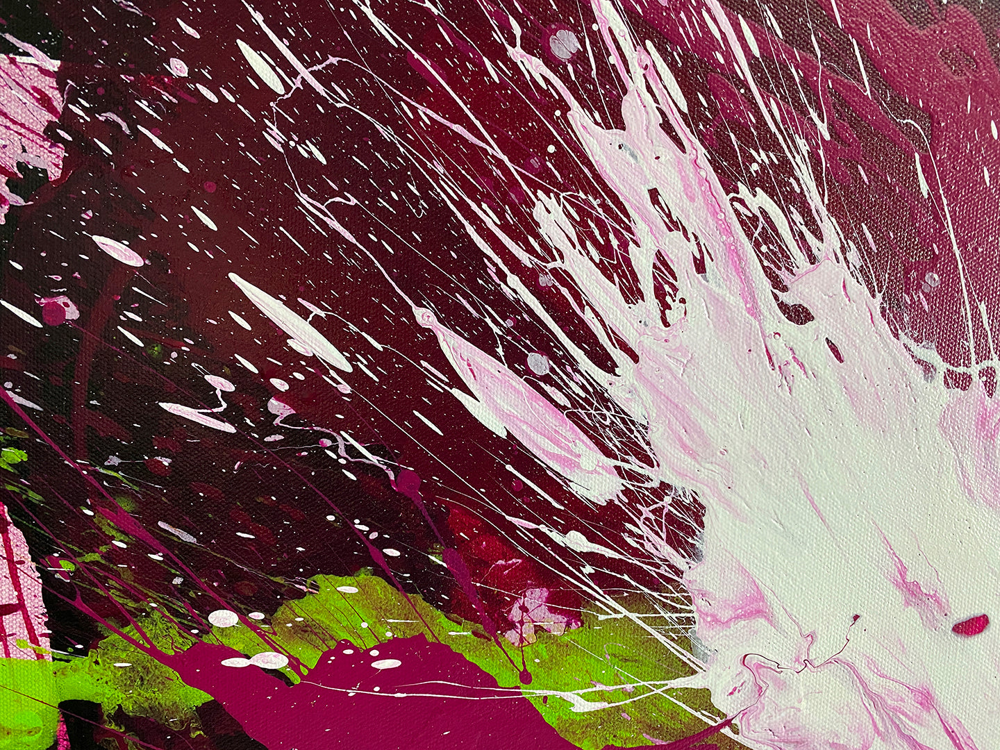 Abstract Expressionism close-up view 3: purple, magenta, lime-green and white on gallery-wrapped canvas