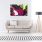 Abstract Expressionism: purple, magenta, lime-green and white, full view on white wall over loveseat in contemporary living room