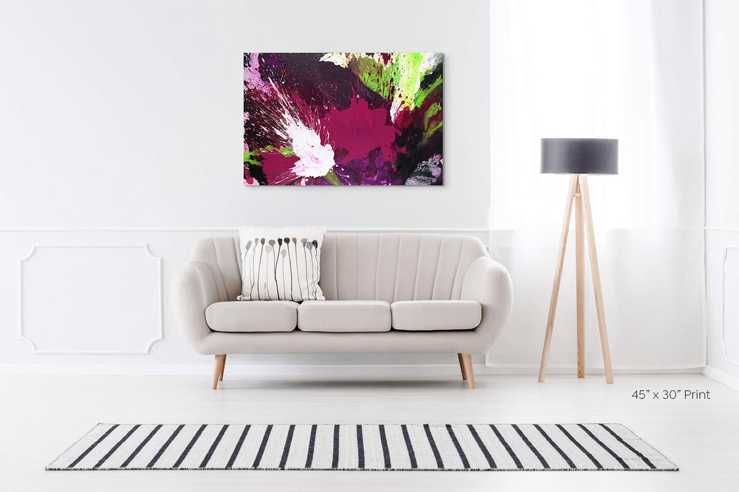 Abstract Expressionism: purple, magenta, lime-green and white, full view on white wall over loveseat in contemporary living room