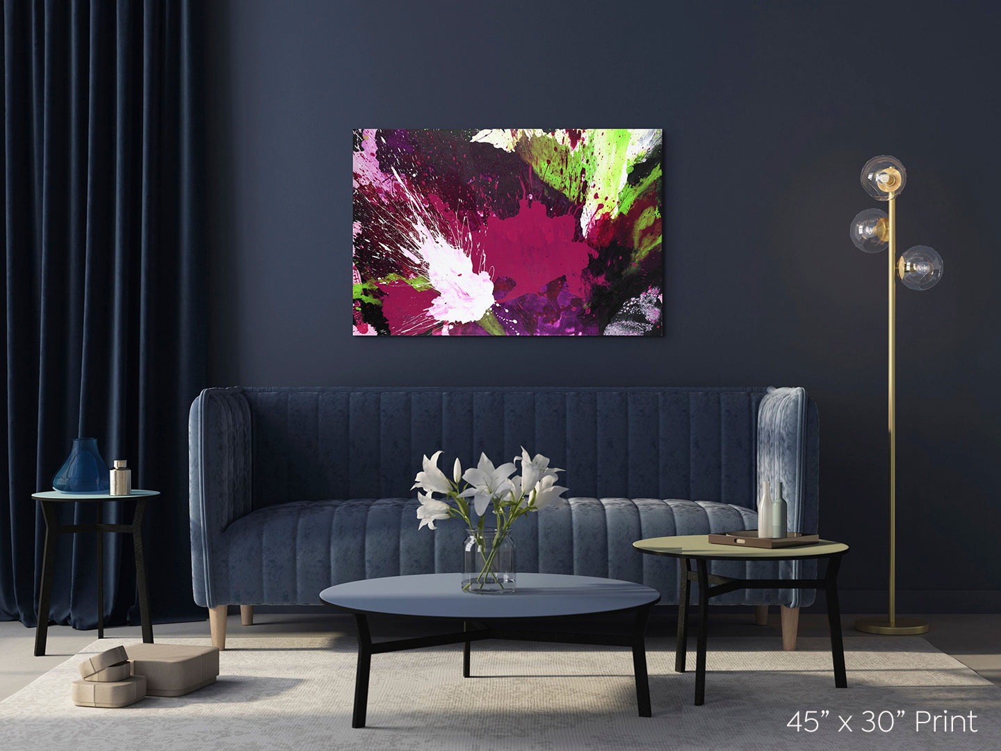 Abstract Expressionism: purple, magenta, lime-green and white, full view on dark wall over dark couch in stylish living room
