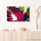 Abstract Expressionism: purple, magenta, lime-green and white, full view on cream wall over natural wood sideboard