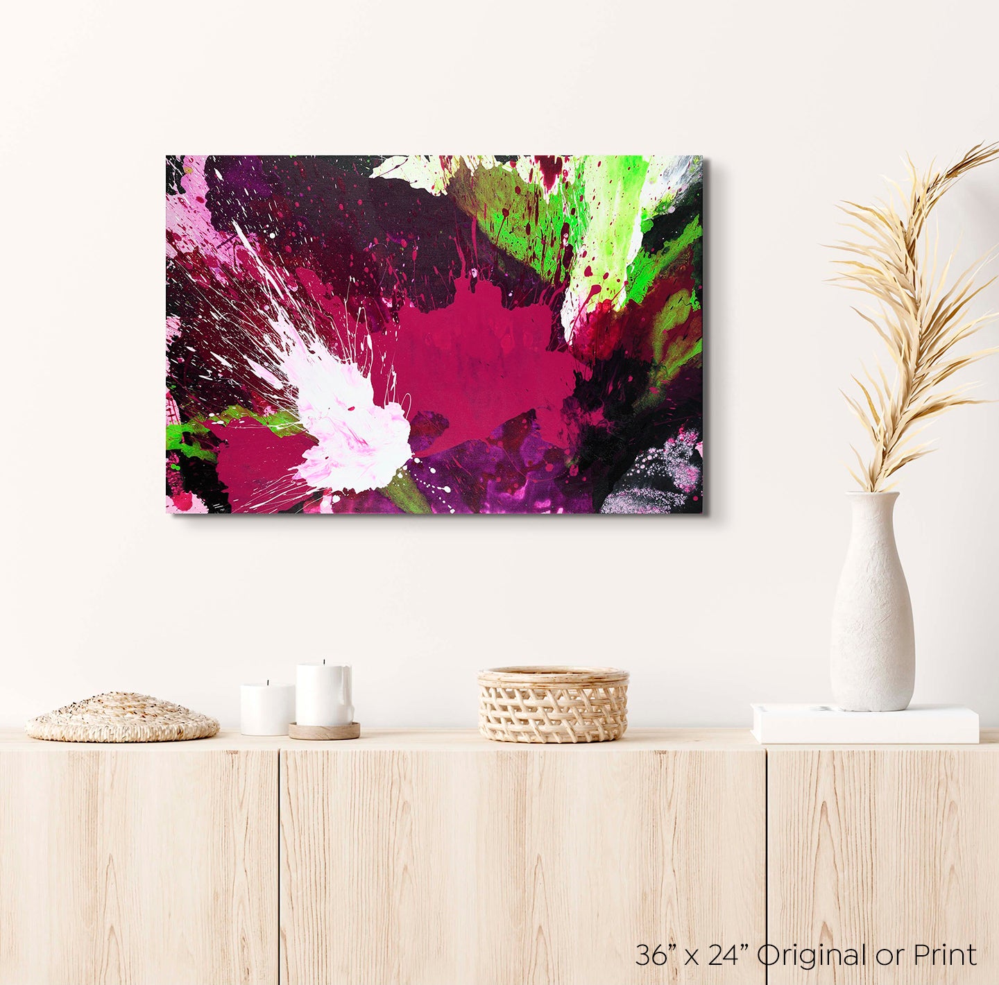 Abstract Expressionism: purple, magenta, lime-green and white, full view on cream wall over natural wood sideboard