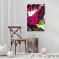 Abstract Expressionism: purple, magenta, lime-green and white, full view on white wall over chair, in living room with white curtains and white pumpkins