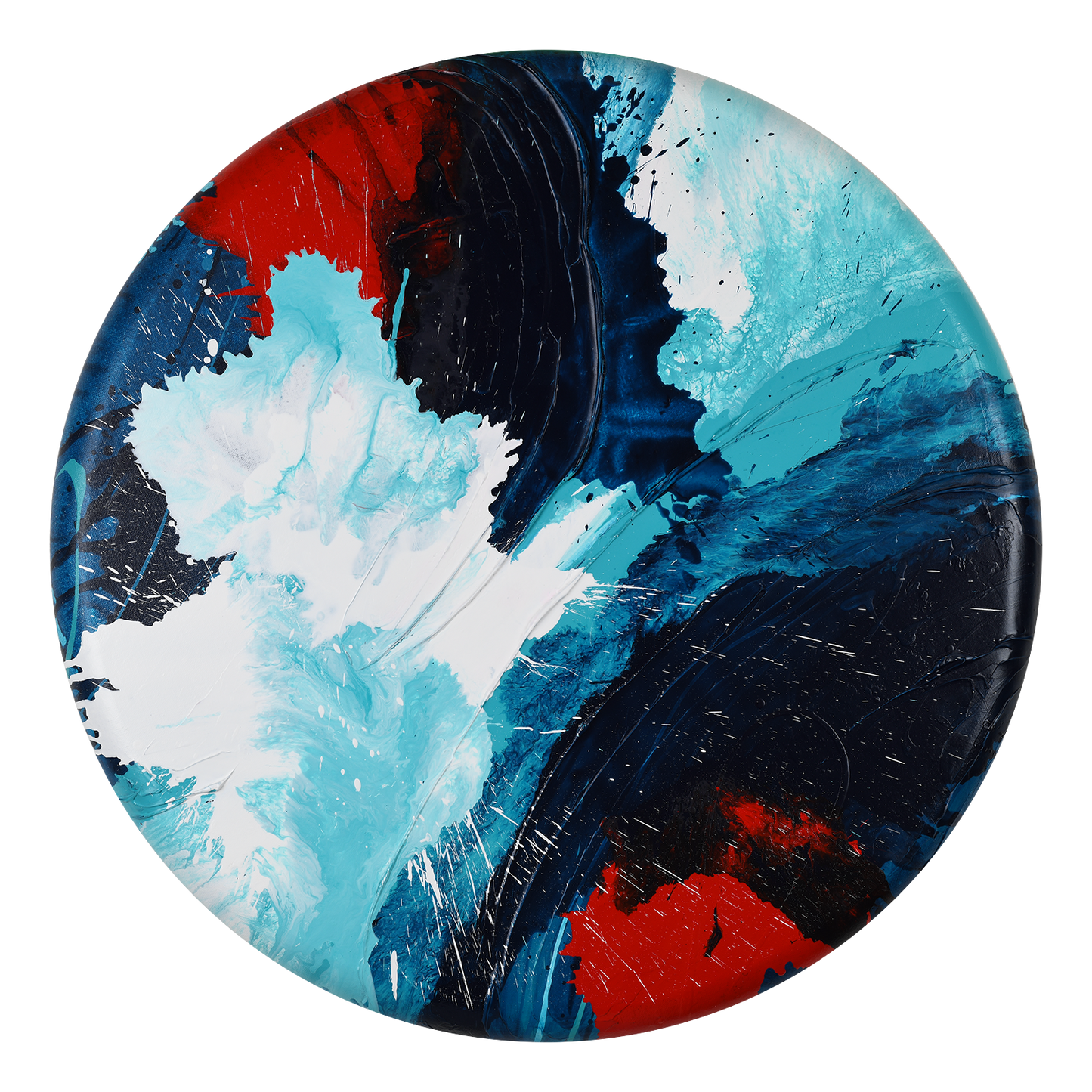 Full view of the abstract, expressionism, acrylic painting: overlapping explosions of dark blue, turquoise, bright red and white on a Convexo, curved-edge canvas