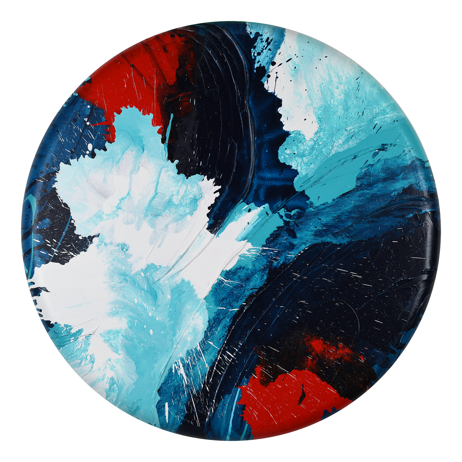 Full view of the abstract, expressionism, acrylic painting: overlapping explosions of dark blue, turquoise, bright red and white on a Convexo, curved-edge canvas