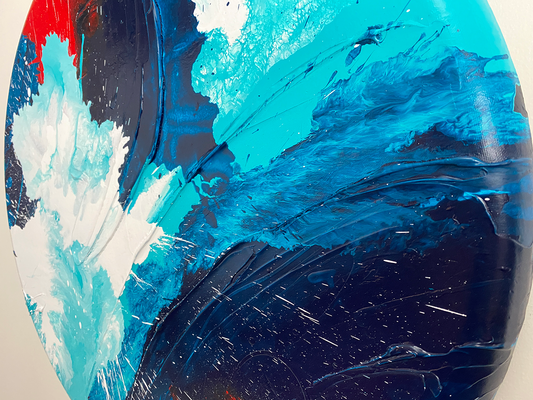 Abstract, expressionism, acrylic painting close-up showing the curved edge 1. Overlapping explosions of dark blue, turquoise, bright red and white