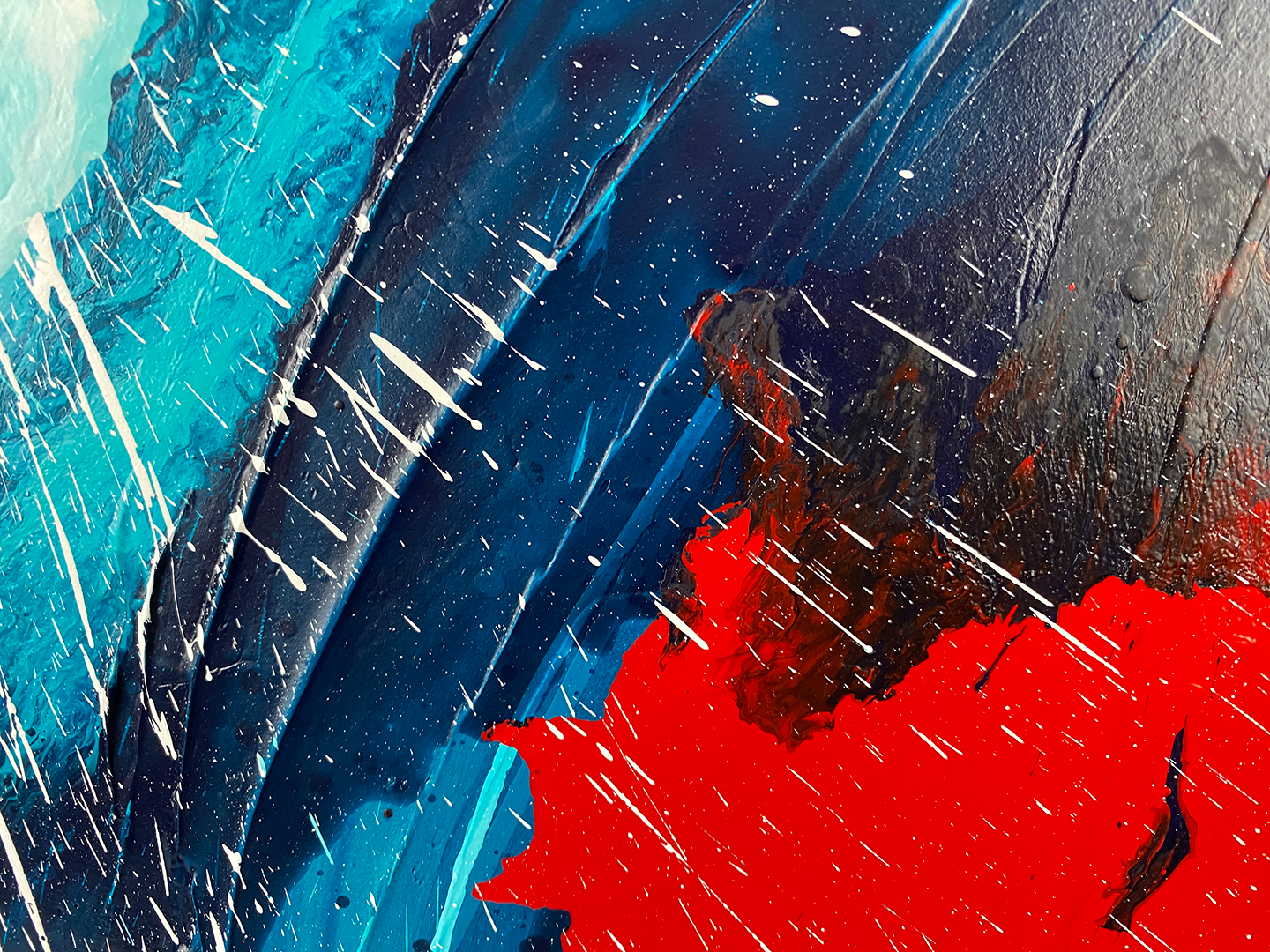 Abstract, expressionism, acrylic painting close-up 1. Overlapping explosions of dark blue, turquoise, bright red and white