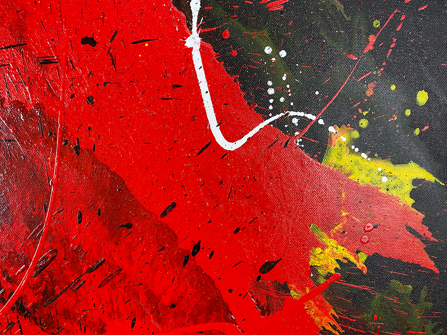 Abstract, expressionism, acrylic painting close-up 3. Exciting explosion of bright red, black, yellow and white on a Gallery-Wrapped canvas