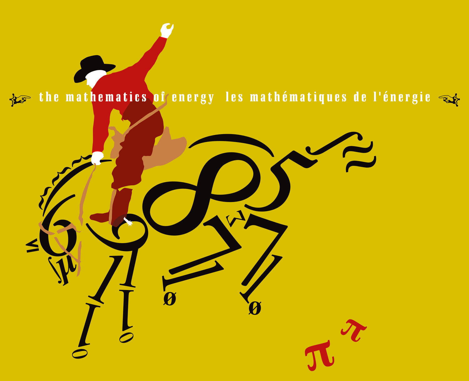 bay6 creative design of custom illustration of cowboy on horse made up entirely of mathematical symbols on dark yellow background as part of a poster graphic for Mitacs