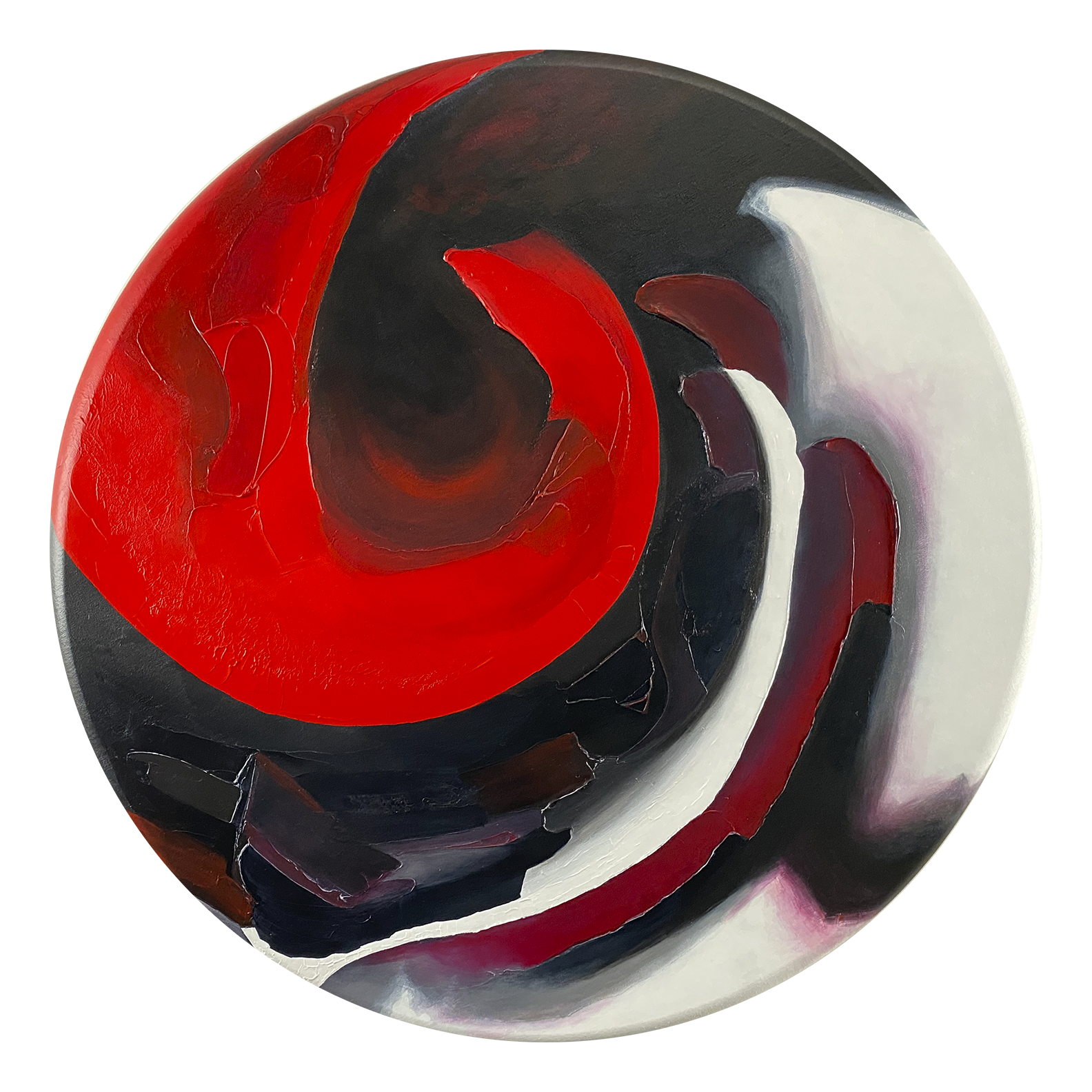 Full view of the abstract acrylic and mixed-media painting: texture paste, red, black, grey, and white acrylic paint on round canvas with curved-edges