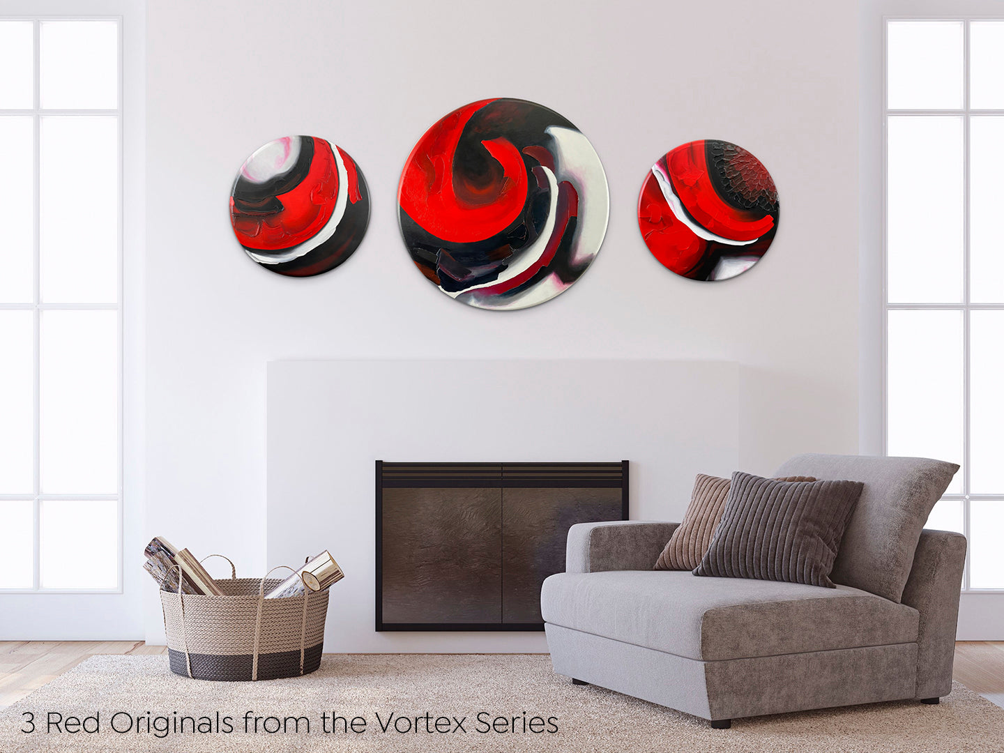 Showing the 3 red companion paintings in this abstract, acrylic and mixed-media series on a on a white wall above a fireplace.
