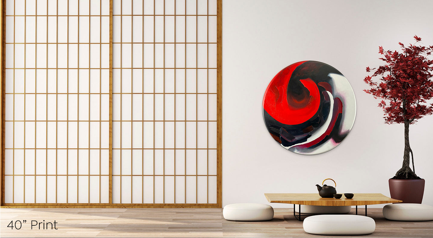 Abstract, acrylic and mixed-media 40” print on a round canvas with curved-edges shown on a white dining room wall above an Asian dining area