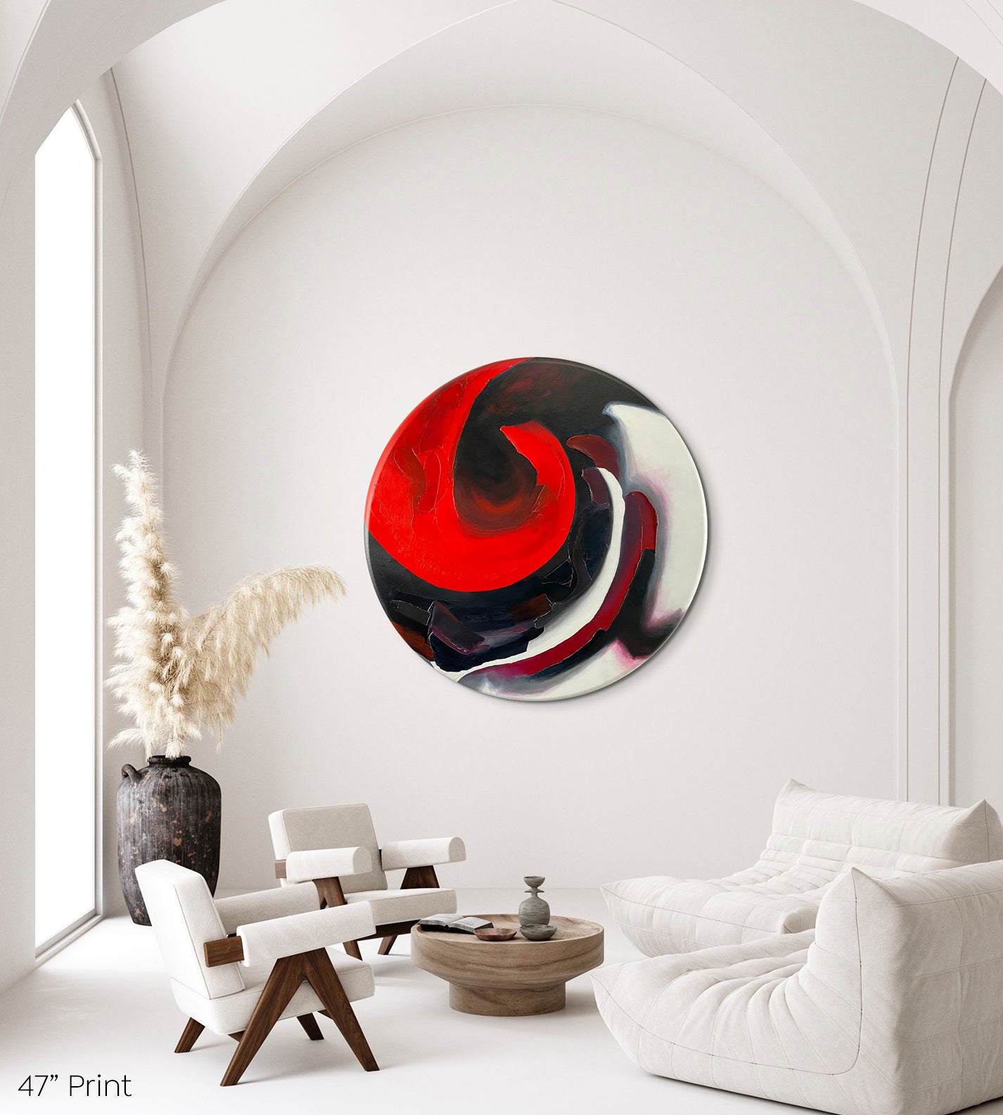 Abstract, acrylic and mixed-media 47” print on a round canvas with curved-edges shown on a white wall in a contemporary living room with arches above.