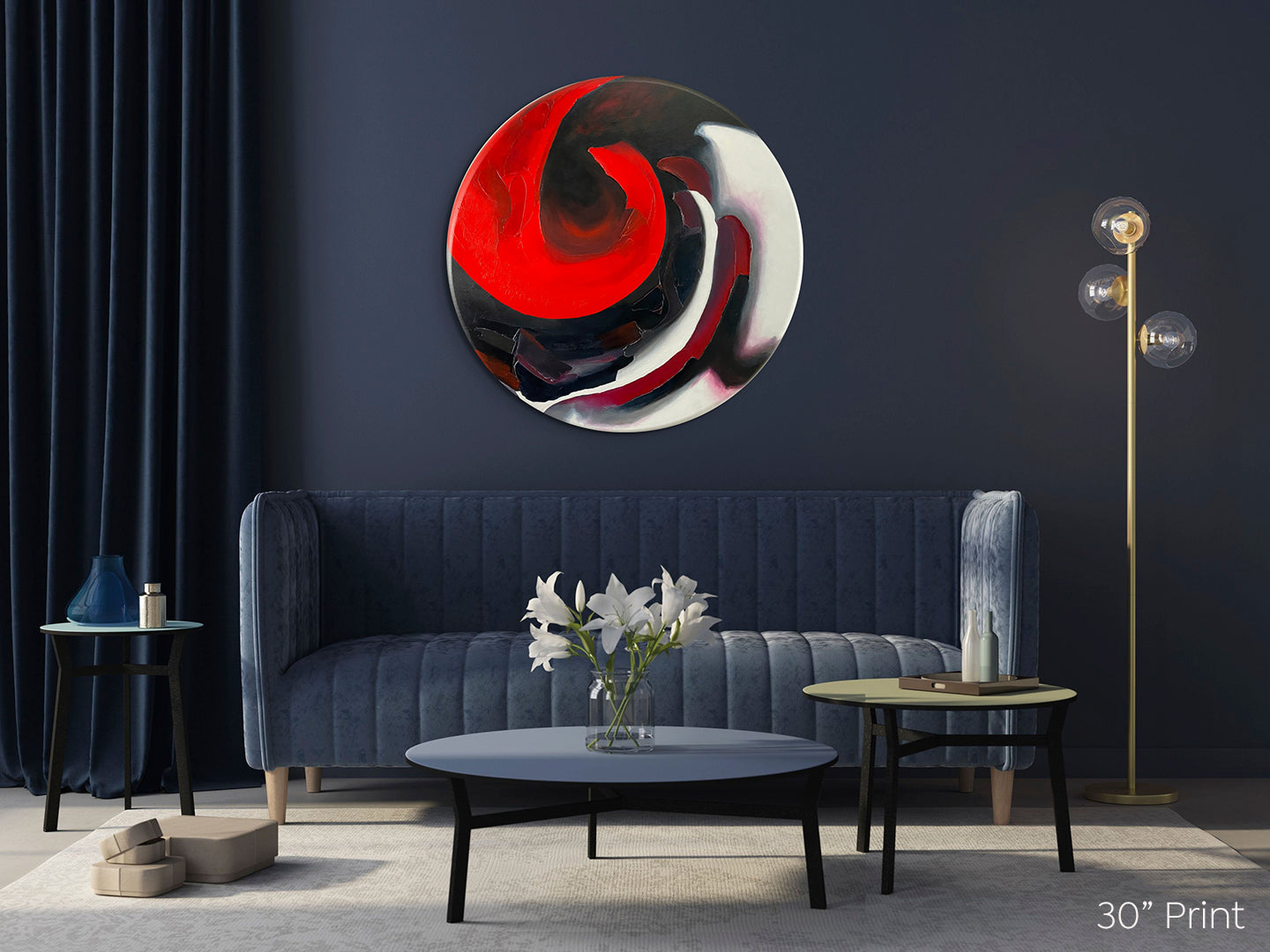 Abstract, acrylic and mixed-media 30” original or print on a round canvas with curved-edges shown on a dark grey wall in a contemporary living room.