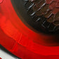 Abstract, acrylic and mixed-media painting close-up 2. texture paste, red, black, grey, and white acrylic paint on round canvas with curved-edges