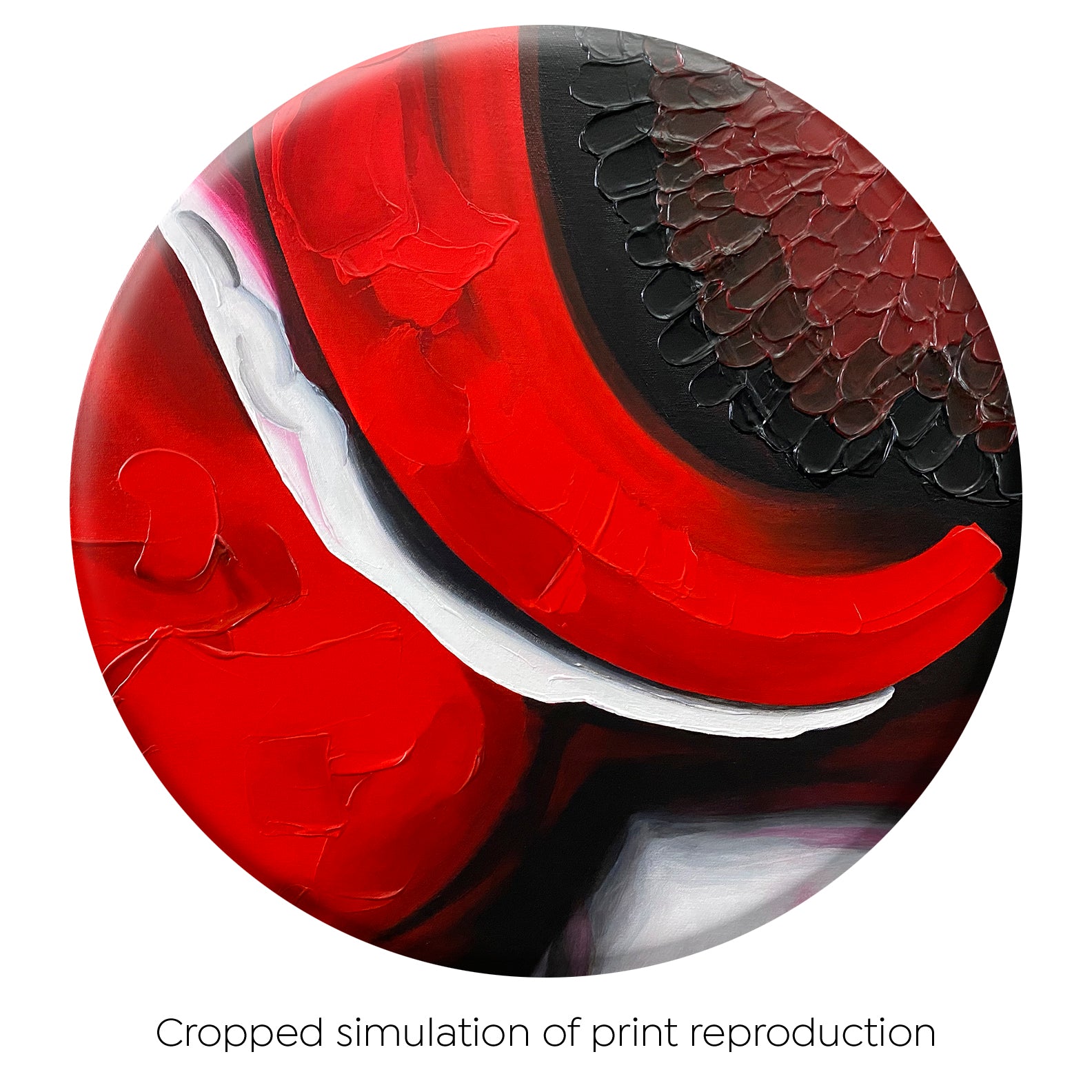 Full view of the abstract print (slightly cropped in from original): flat print simulating texture paste, red, black, grey, and white acrylic paint on round painting with curved-edges.