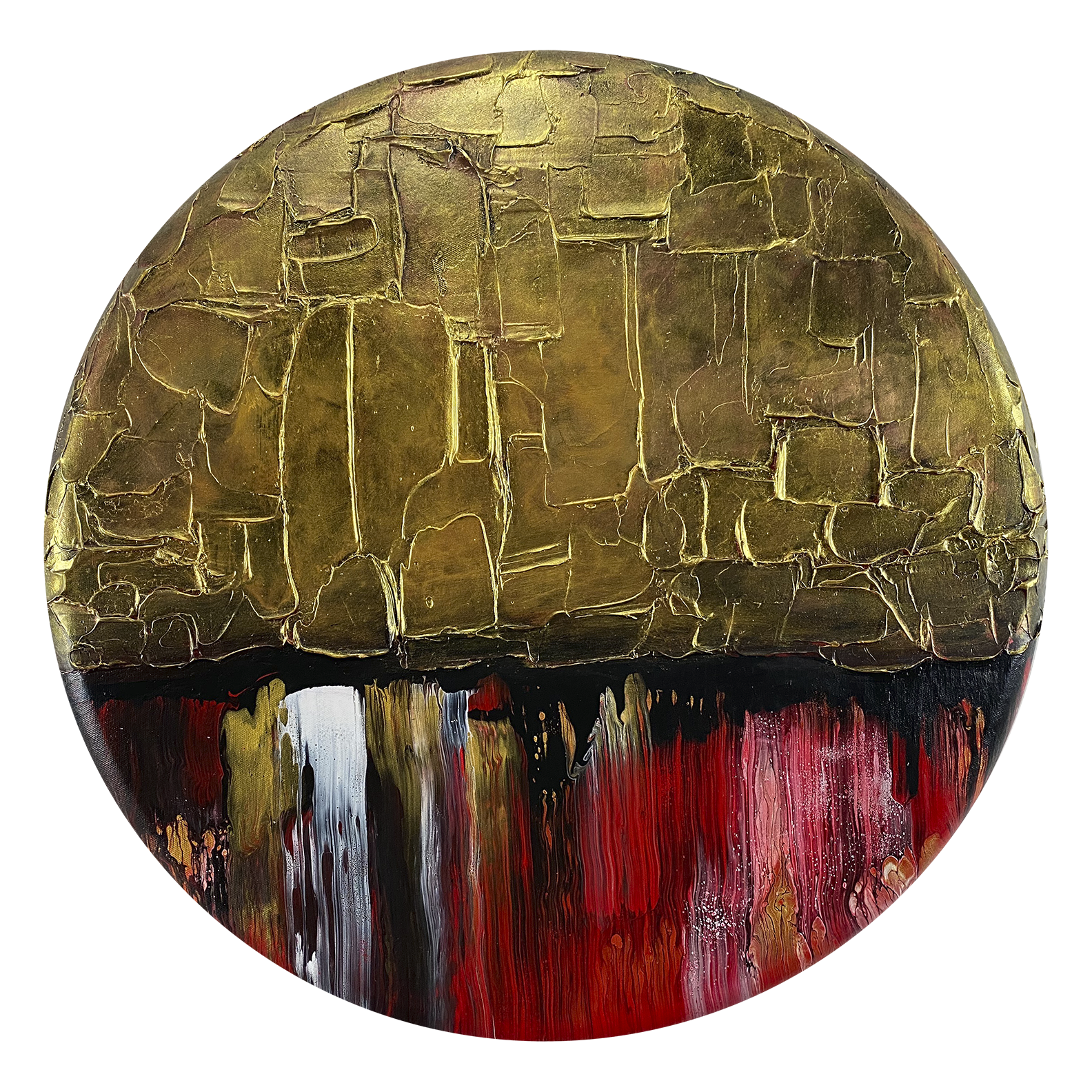 Full view of the abstract acrylic and mixed-media painting: texture paste, gold foil with black, red, white and gold acrylic paint on round canvas with curved-edges.