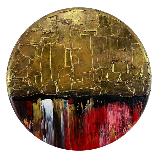 Full view of the abstract acrylic and mixed-media painting: texture paste, gold foil with black, red, white and gold acrylic paint on round canvas with curved-edges.