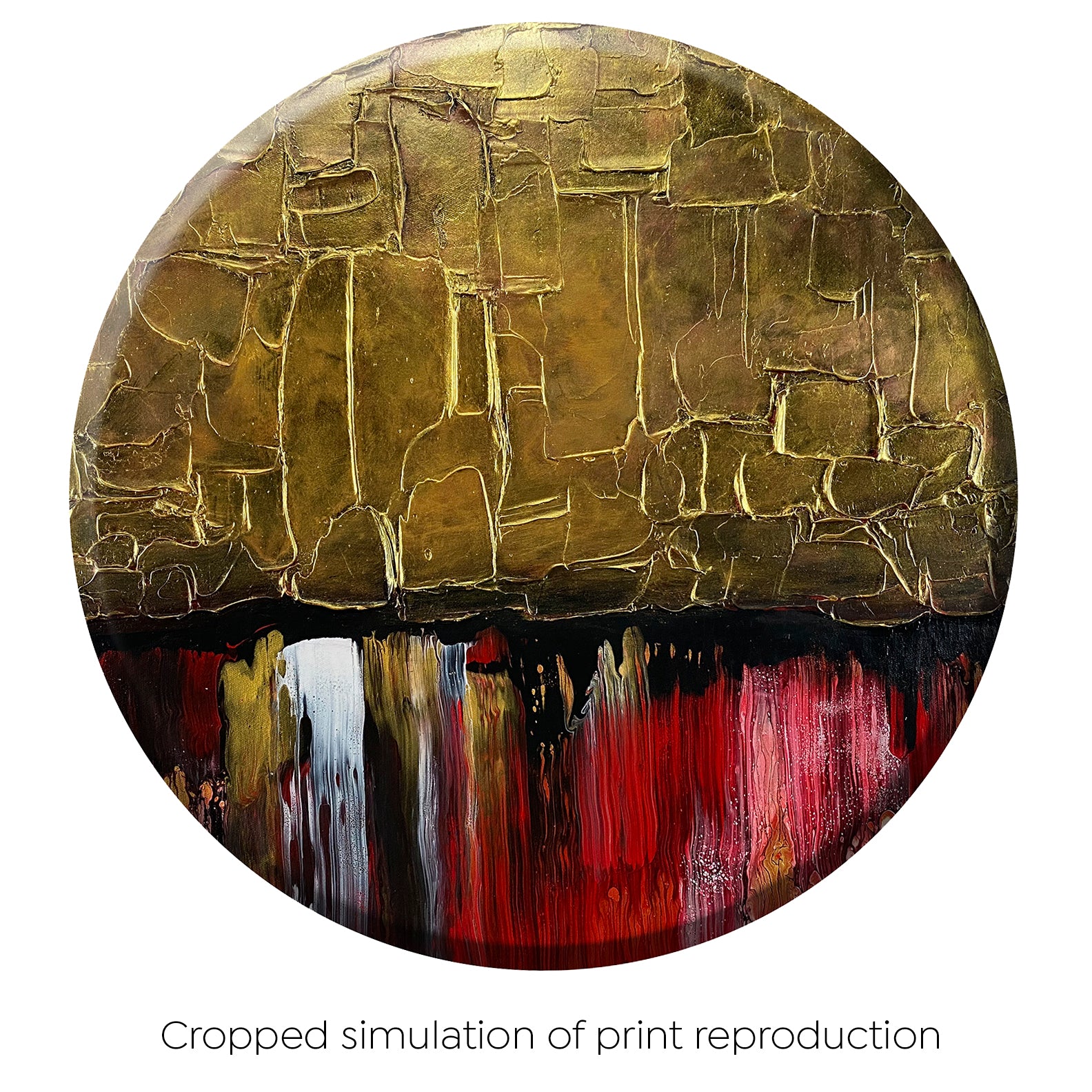 Full view of the abstract print (slightly cropped in from original): flat print simulating texture paste, gold foil with black, red, white and gold acrylic paint on round painting with curved-edges