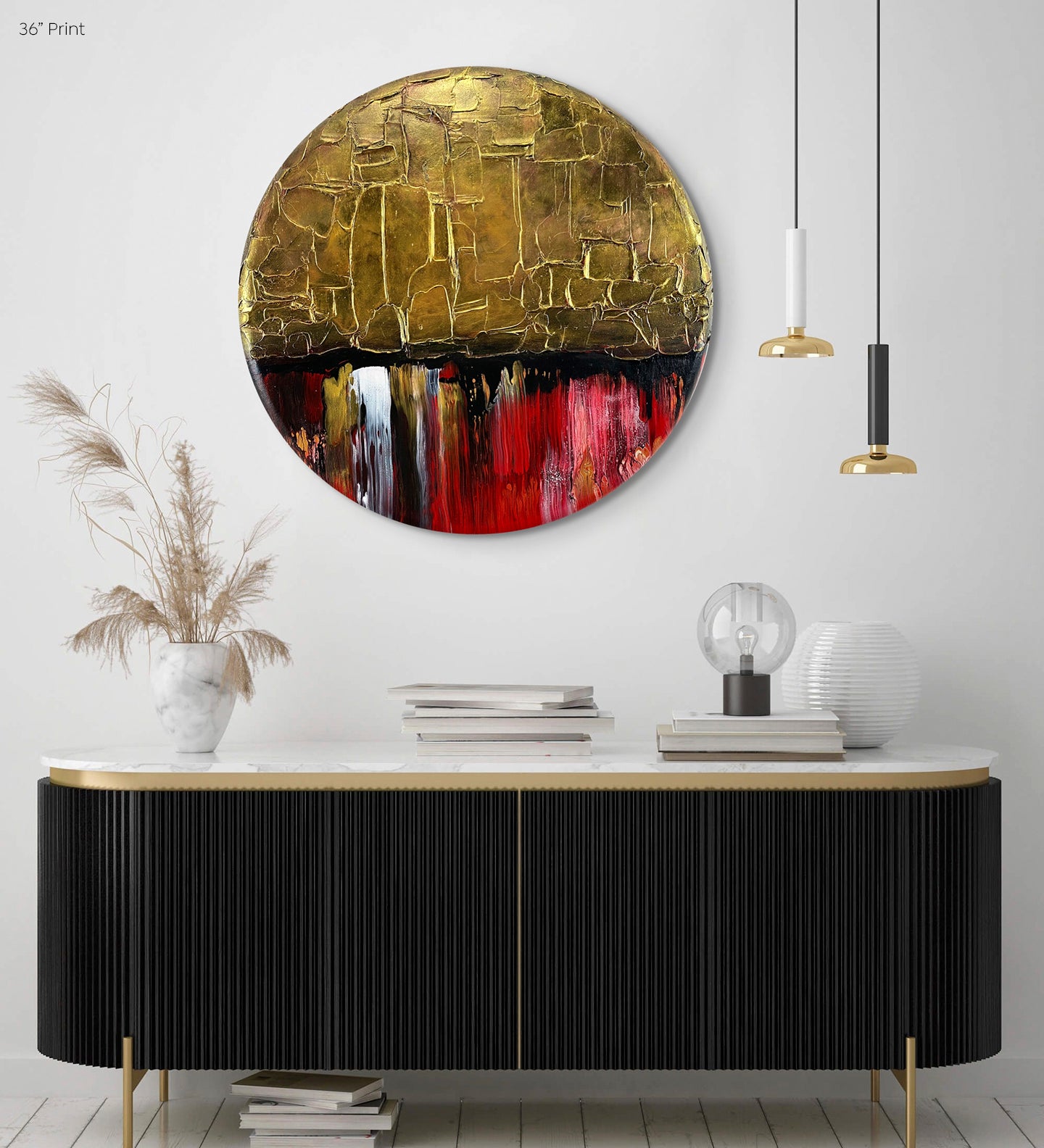 Abstract, acrylic and mixed-media painting on a round canvas with curved-edges shown on a white dining room wall above a side-table